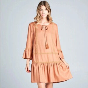 Womens Rust Tie-Neck Bell Sleeve Midi Dress